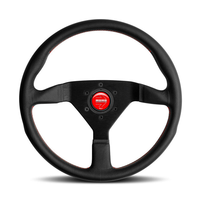 Momo Montecarlo Steering Wheel (40 mm Dish), Black Leather, Red Stitching - 35 cm