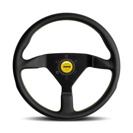 Momo Montecarlo Steering Wheel (40 mm Dish), Black Leather, Yellow Stitching - 35 cm
