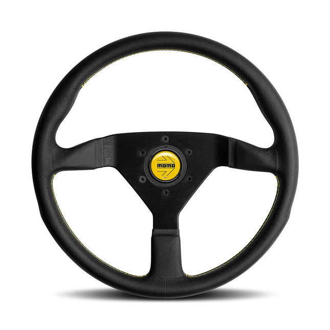 Momo Montecarlo Steering Wheel (40 mm Dish), Black Leather, Yellow Stitching - 35 cm