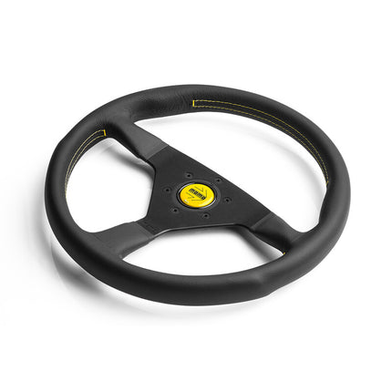 Momo Montecarlo Steering Wheel (40 mm Dish), Black Leather, Yellow Stitching - 35 cm