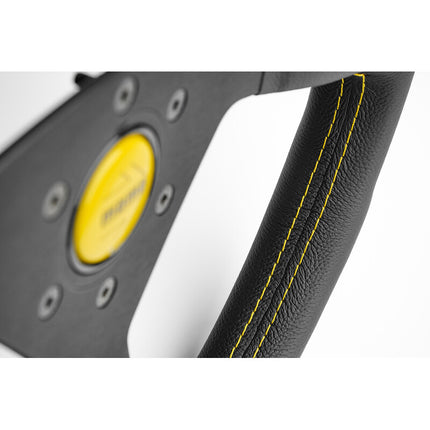 Momo Montecarlo Steering Wheel (40 mm Dish), Black Leather, Yellow Stitching - 35 cm
