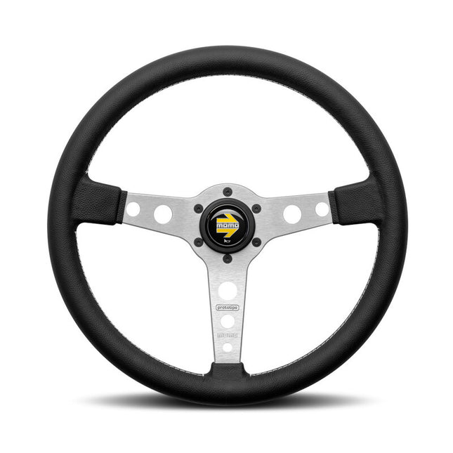 Momo Prototipo Steering Wheel (37 mm Dish), Black Leather, Aluminium Spokes - 37 cm